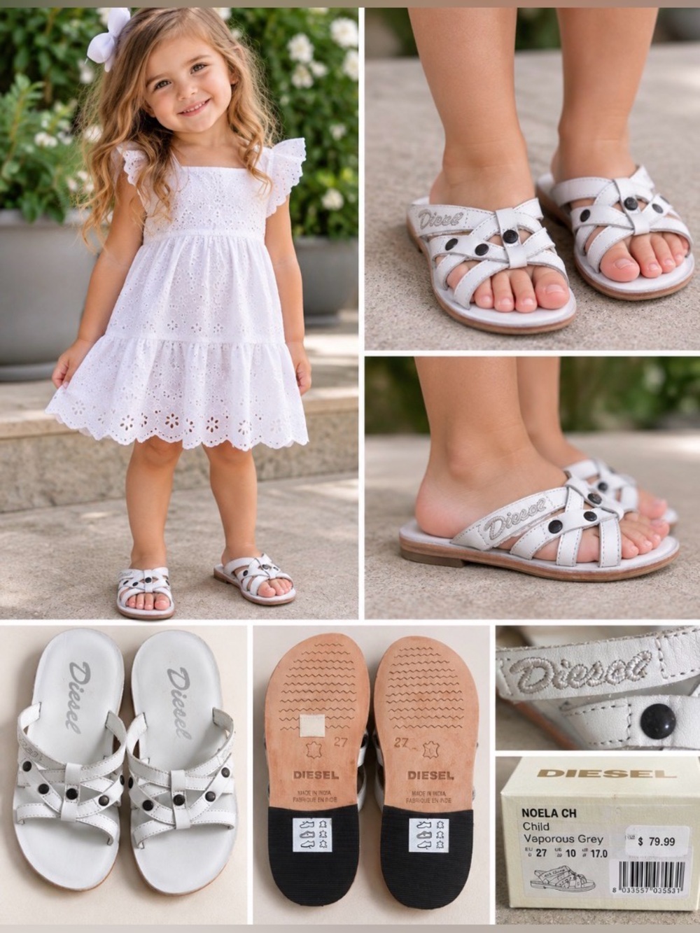 Diesel Noela CH Girls Leather Studded Sandals EU 27 US 10 w/ Box